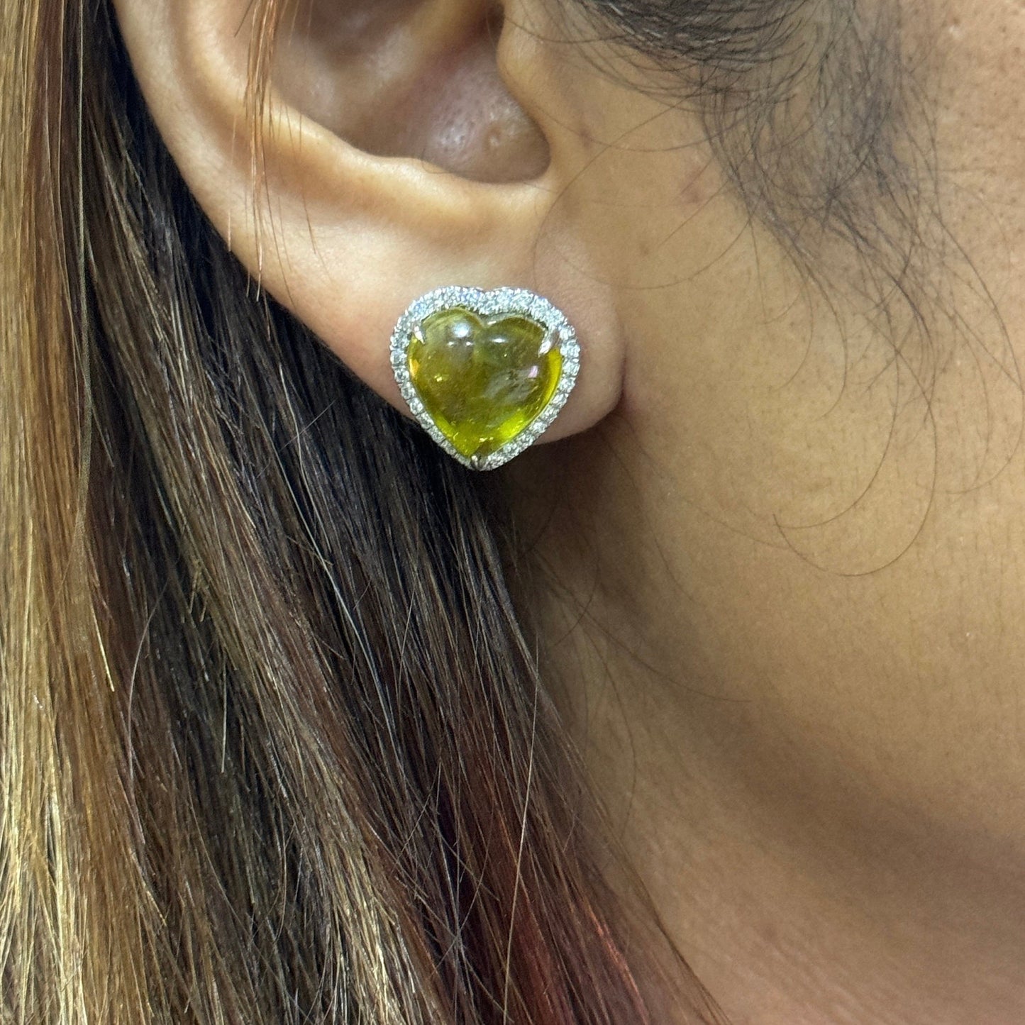 Yellow Tourmaline Diamond Stud Earring, 18K White Gold Natural Diamond Earrings Jewelry, Tourmaline Gemstone Minimalist Earring For Women