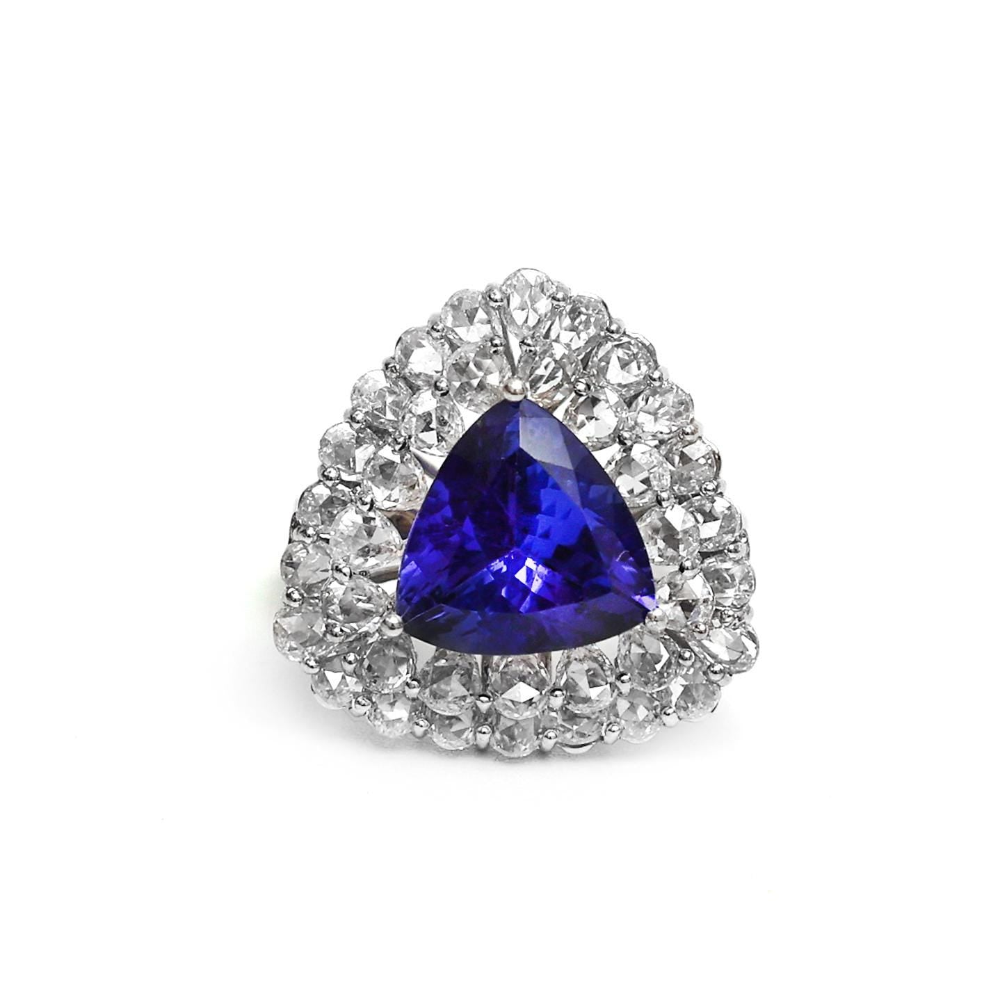 Tanzanite pear rose cut diamond ring gold | Natural tanzanite trillion cut diamond gold rings For | 18K solid gold tanzanite statement ring