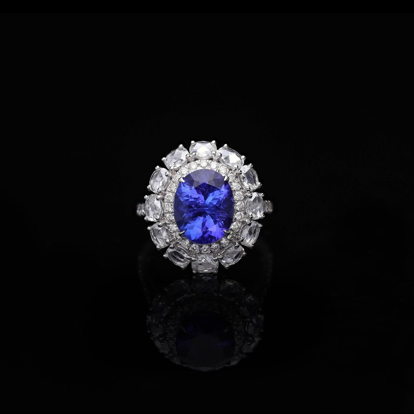 Tanzanite rose cut diamond ring gold | Rose cut diamond prong set ring | AAA+ tanzanite white gold ring | Oval cut big tanzanite ring