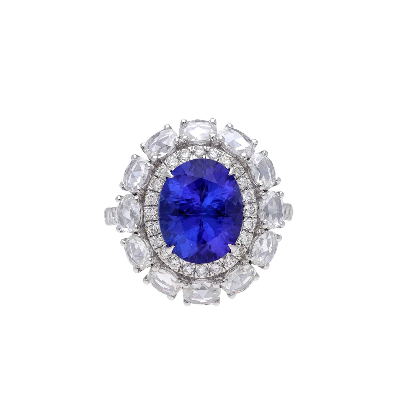 Tanzanite rose cut diamond ring gold | Rose cut diamond prong set ring | AAA+ tanzanite white gold ring | Oval cut big tanzanite ring