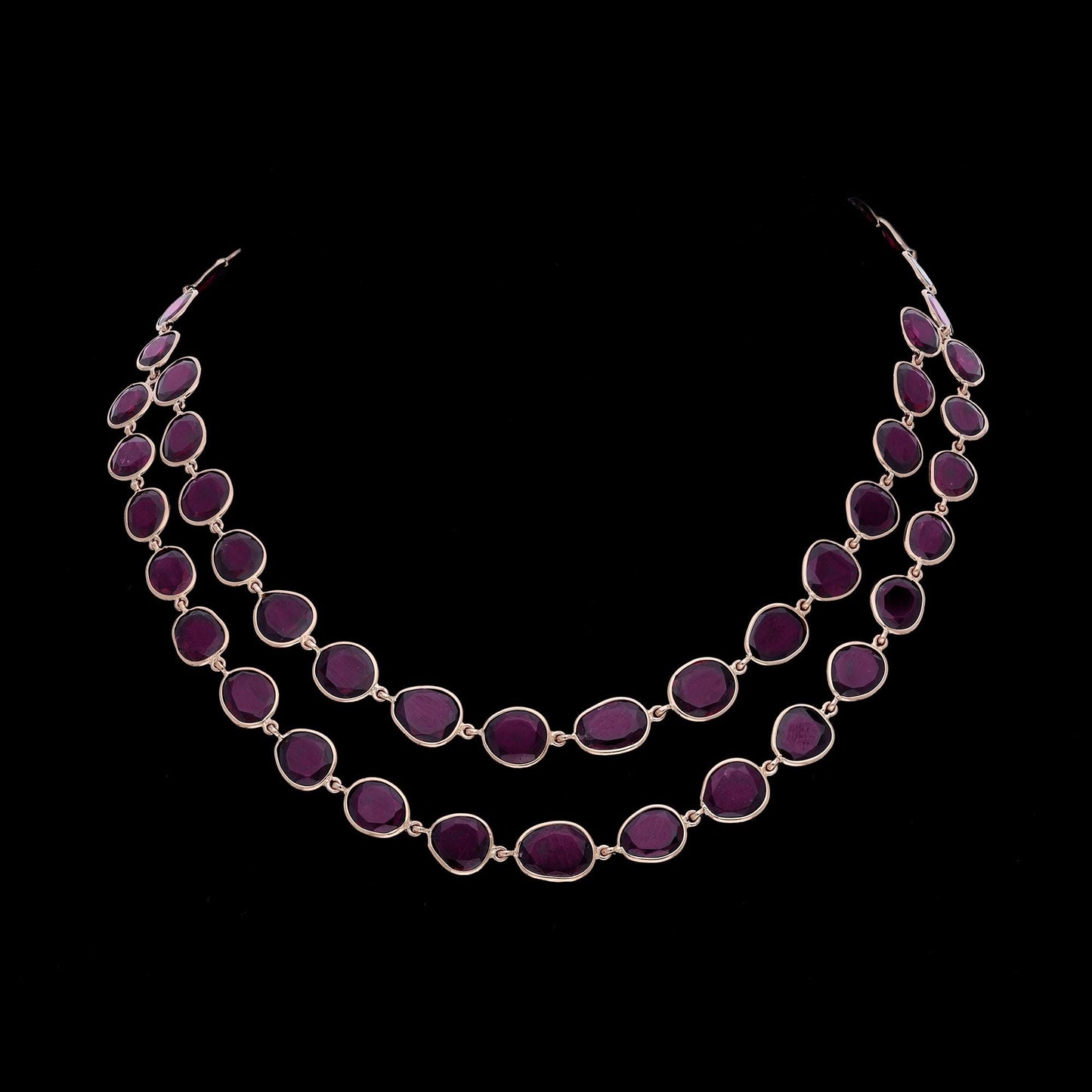 Rhodolite bezel set chain necklace 14k rose gold jewelry | 16 Inch long 2 layer chain necklace gold | Flat cut rhodolite rose pink chain