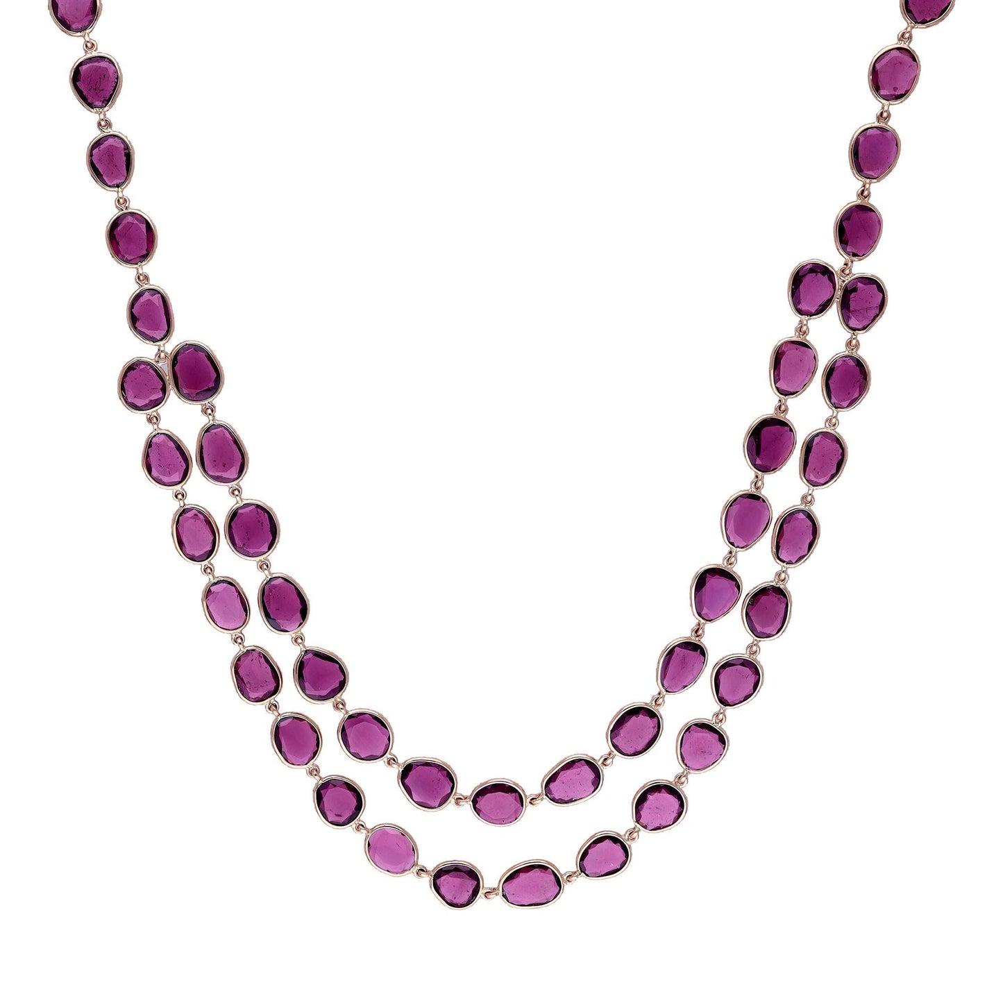 Rhodolite bezel set chain necklace 14k rose gold jewelry | 16 Inch long 2 layer chain necklace gold | Flat cut rhodolite rose pink chain
