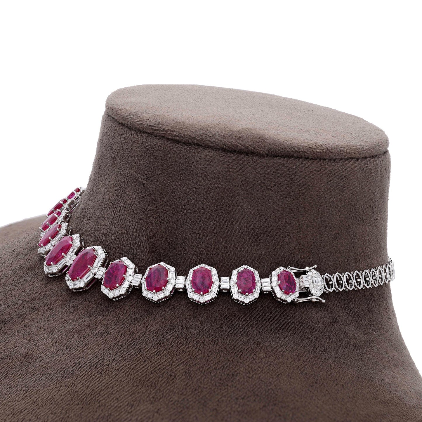 Fancy octagon ruby diamond choker necklace gold | Natural ruby half choker chain necklace 18k white gold | 16 Inch prong set ruby necklace