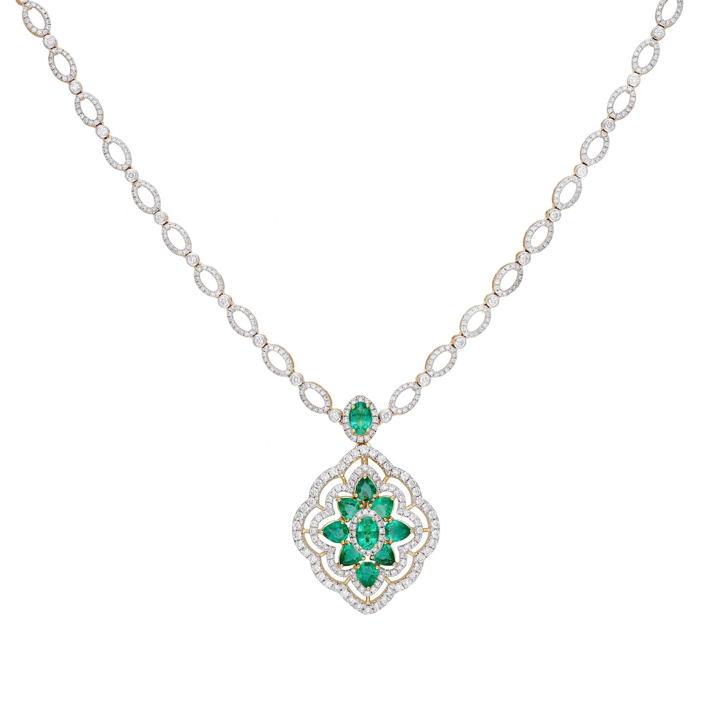 Emerald diamond pendant necklace gold / Diamond 18k yellow gold chain / Emerald necklace gold jewelry / Pear cut oval emerald pendant
