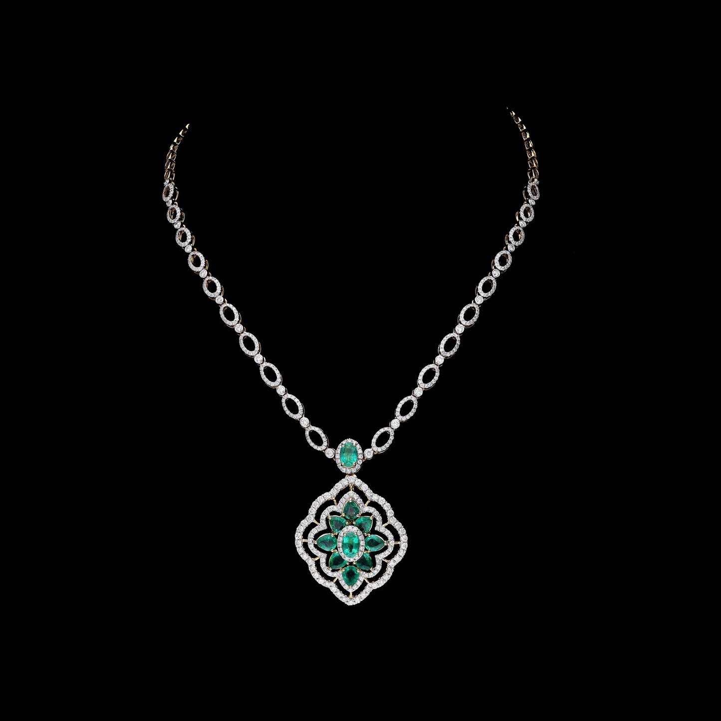 Emerald diamond pendant necklace gold / Diamond 18k yellow gold chain / Emerald necklace gold jewelry / Pear cut oval emerald pendant