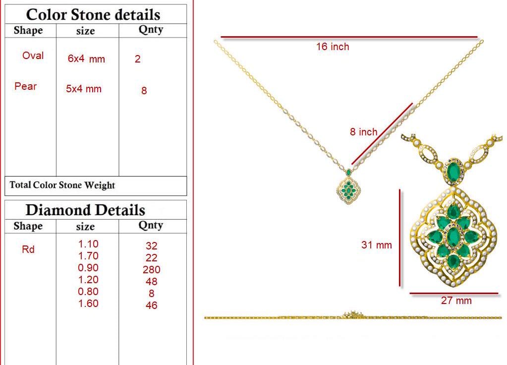 Emerald diamond pendant necklace gold / Diamond 18k yellow gold chain / Emerald necklace gold jewelry / Pear cut oval emerald pendant