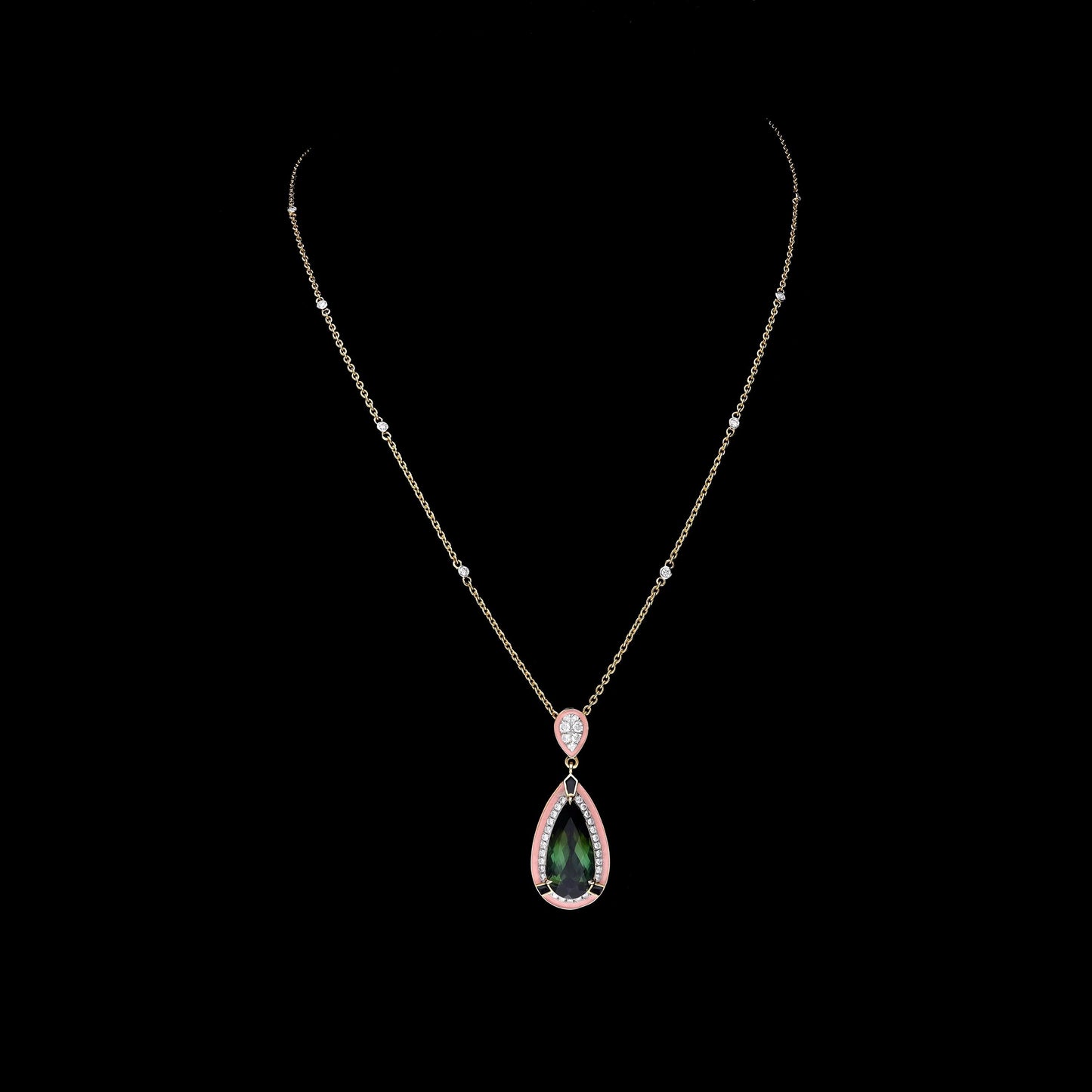 4.8 Cts pear cut tourmaline diamond halo prong set pendant gold / Art deco pendant necklace 18k gold jewelry / Tourmaline diamond necklace