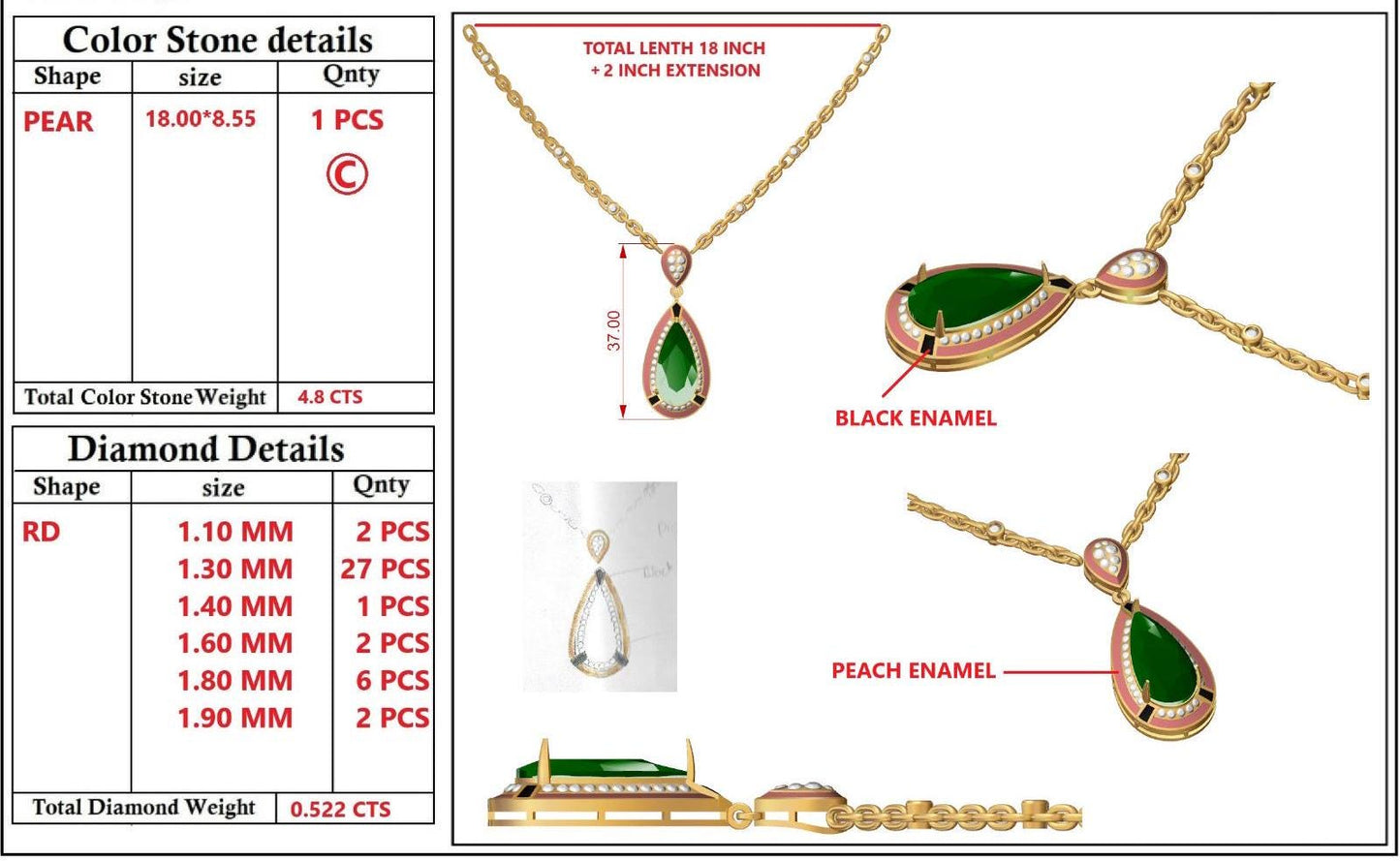 4.8 Cts pear cut tourmaline diamond halo prong set pendant gold / Art deco pendant necklace 18k gold jewelry / Tourmaline diamond necklace