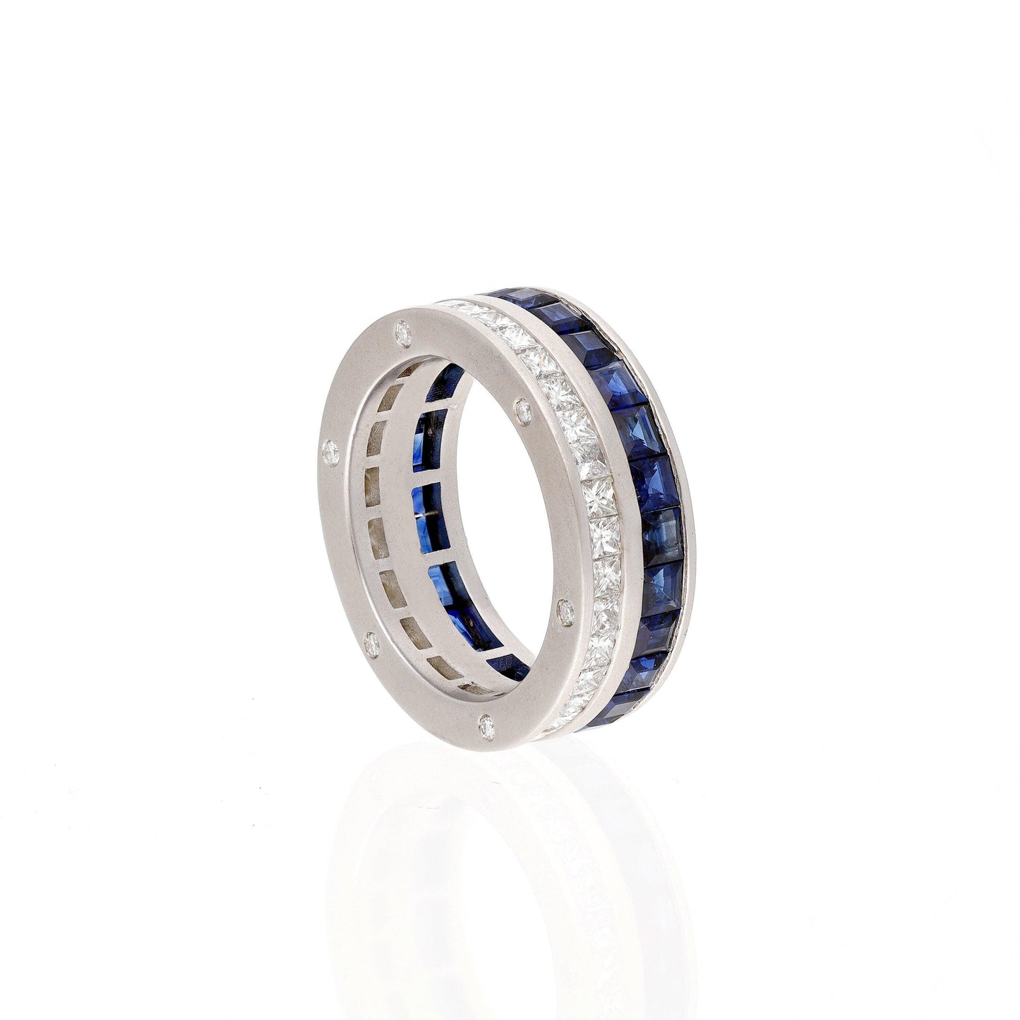 Blue Sapphire with Diamond Eternity Band Ring, 18K White Gold Square Cut Sapphire Stackable Ring, Natural Diamond Minimalist Ring For Her