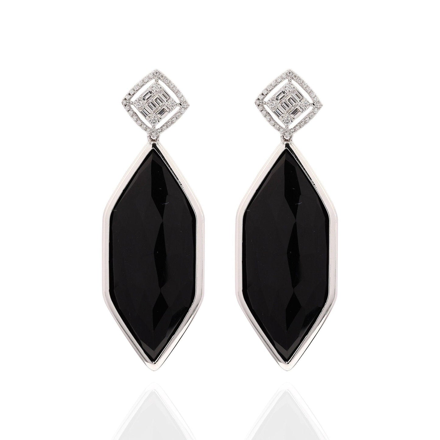 Natural Diamond & Black Onyx Gemstone Dangle Earring in 14K White Gold Bezel Set Handmade Earrings For Women | Pave Diamond Studs Jewelry