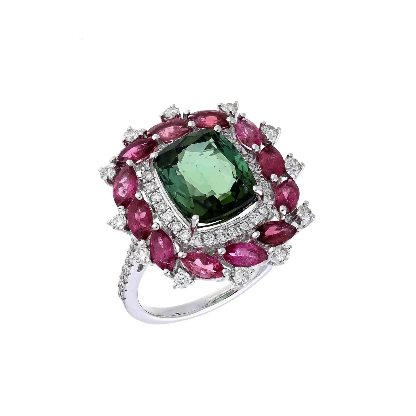 Rare 4 Cts Green Tourmaline, Pink Tourmaline with Diamond Accents/ 18k White Gold/ Designer Bridal Jewelry/ Natural Gemstone Ring For Her