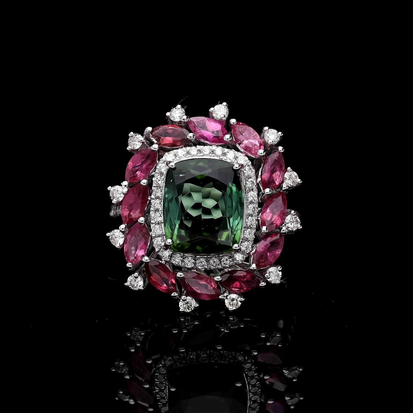 Rare 4 Cts Green Tourmaline, Pink Tourmaline with Diamond Accents/ 18k White Gold/ Designer Bridal Jewelry/ Natural Gemstone Ring For Her