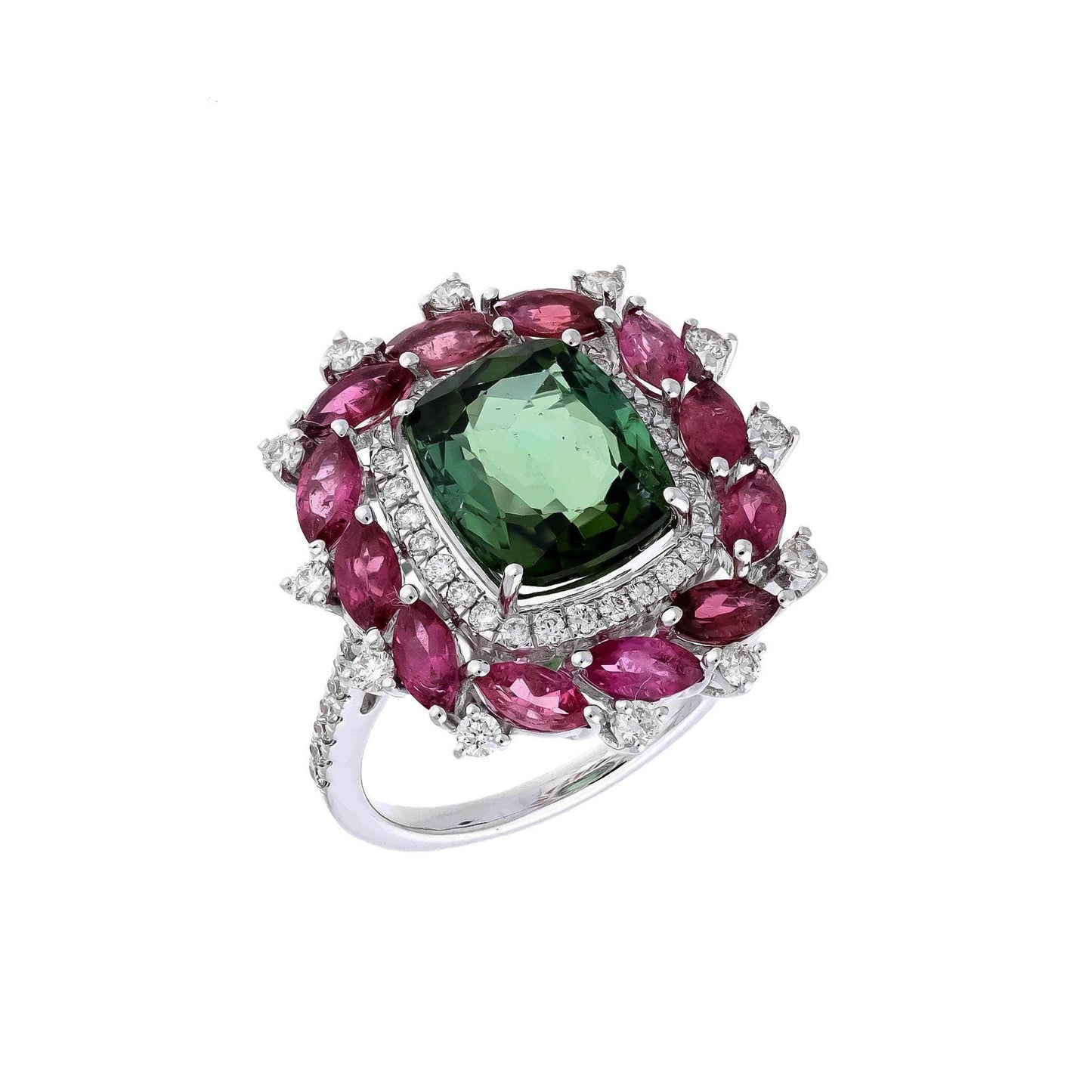 Rare 4 Cts Green Tourmaline, Pink Tourmaline with Diamond Accents/ 18k White Gold/ Designer Bridal Jewelry/ Natural Gemstone Ring For Her