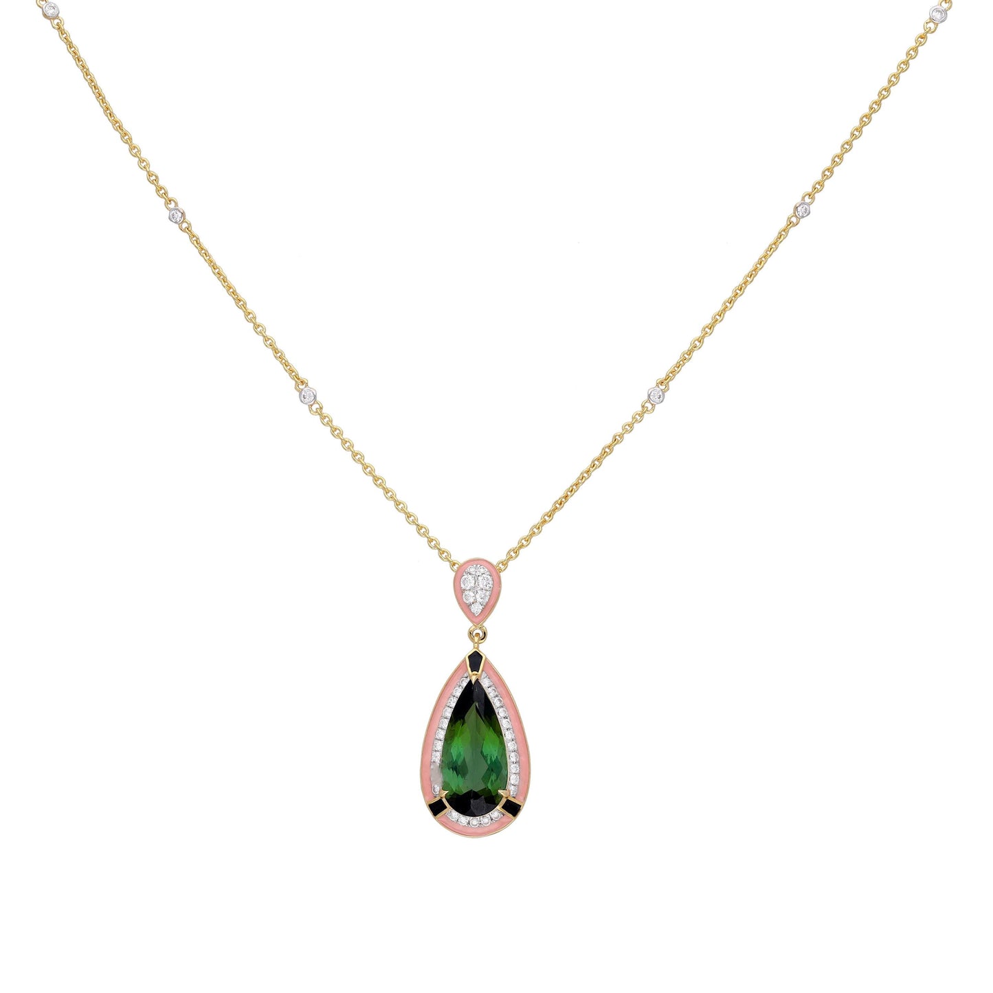 4.8 Cts pear cut tourmaline diamond halo prong set pendant gold / Art deco pendant necklace 18k gold jewelry / Tourmaline diamond necklace