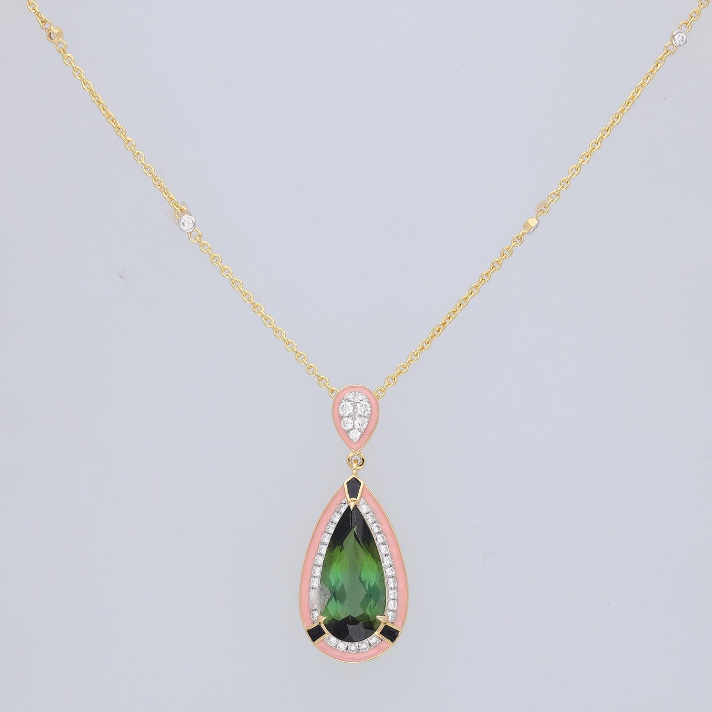 4.8 Cts pear cut tourmaline diamond halo prong set pendant gold / Art deco pendant necklace 18k gold jewelry / Tourmaline diamond necklace