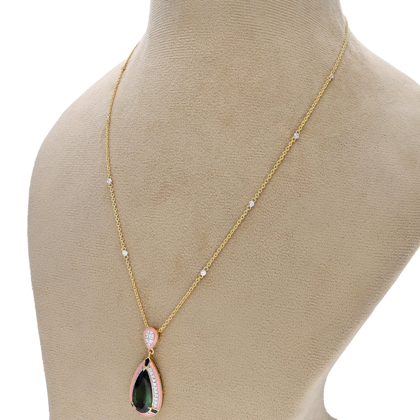 4.8 Cts pear cut tourmaline diamond halo prong set pendant gold / Art deco pendant necklace 18k gold jewelry / Tourmaline diamond necklace