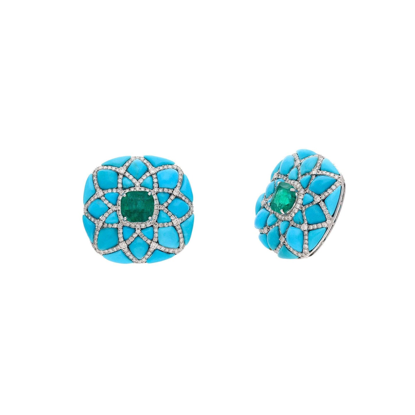 Classic Emerald Turquoise Earrings 18k White Gold / Art Deco Gemstone Diamond Square Stud Earrings / Turquoise Gemstone Gold Jewelry