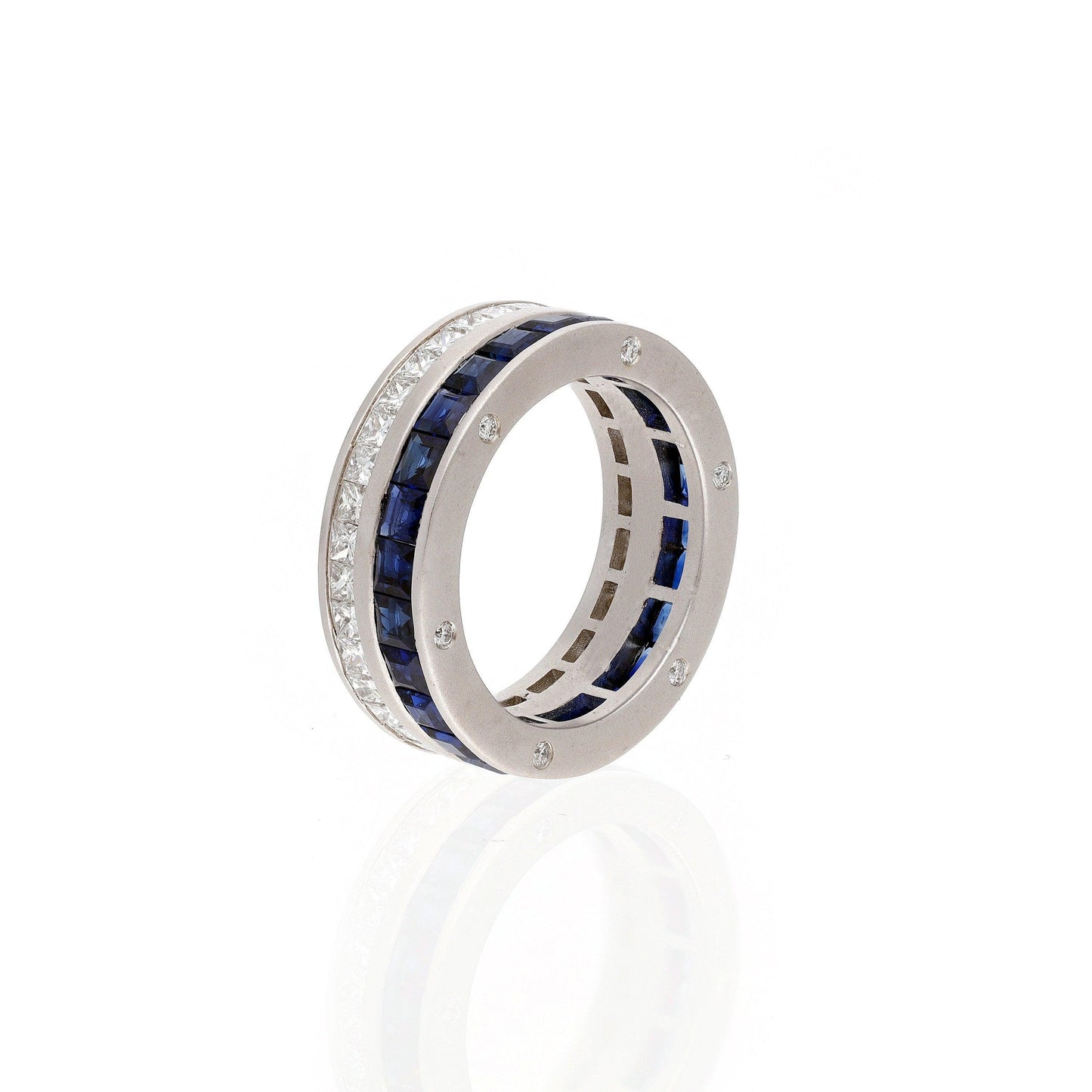 Blue Sapphire with Diamond Eternity Band Ring, 18K White Gold Square Cut Sapphire Stackable Ring, Natural Diamond Minimalist Ring For Her