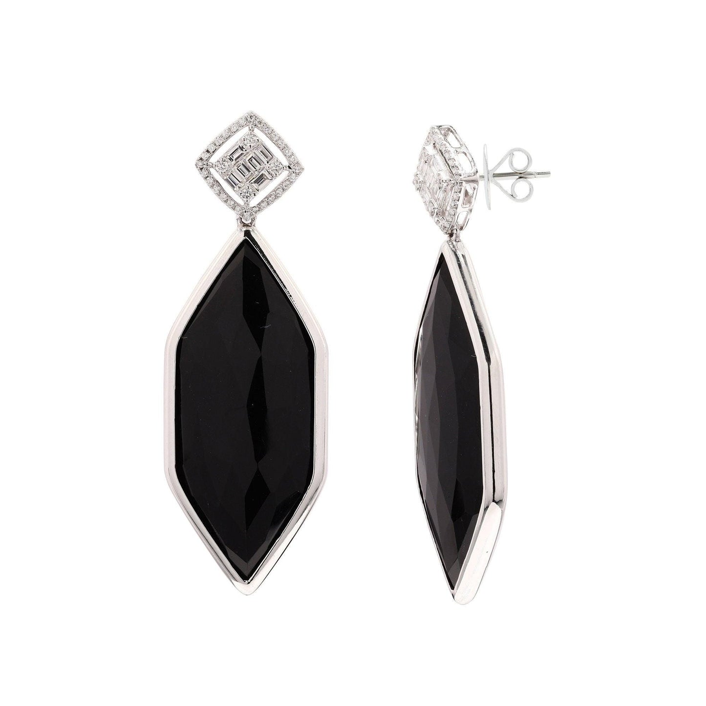 Natural Diamond & Black Onyx Gemstone Dangle Earring in 14K White Gold Bezel Set Handmade Earrings For Women | Pave Diamond Studs Jewelry