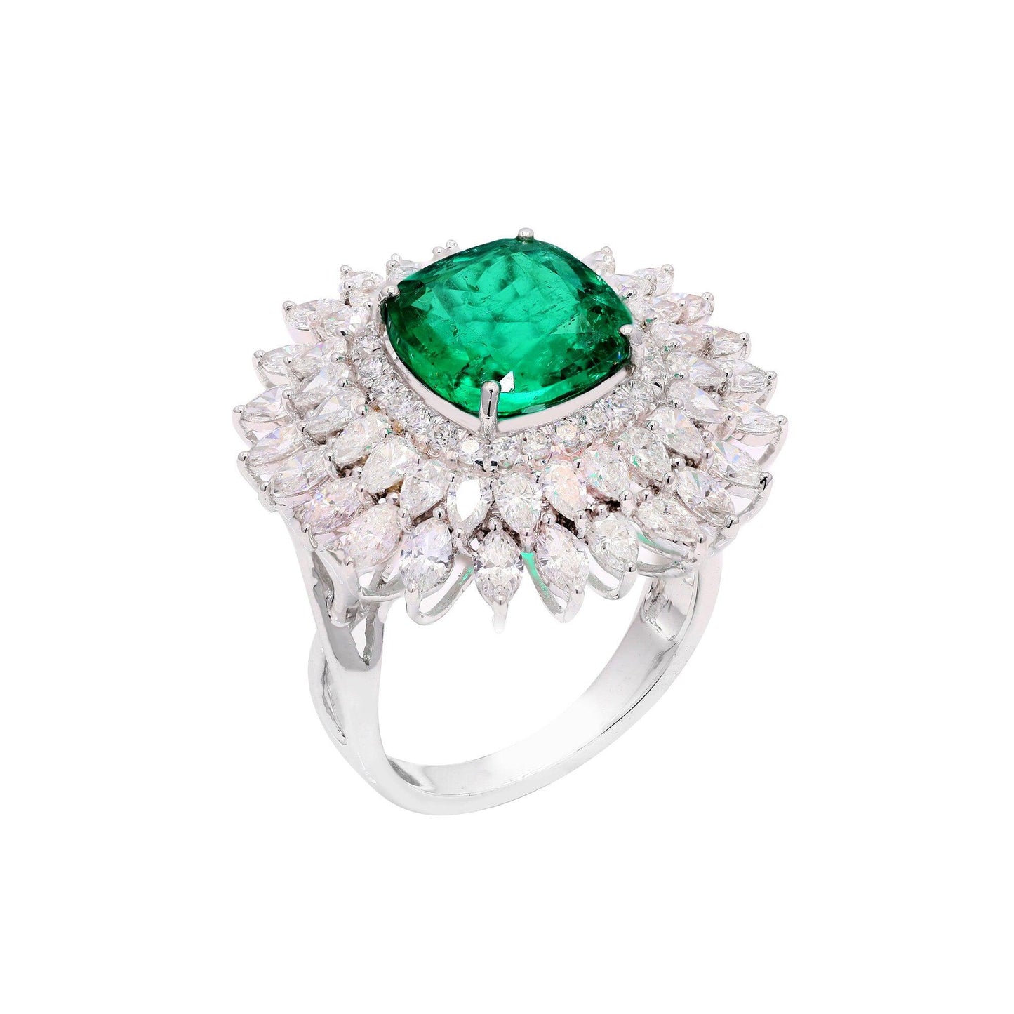 3.67 CTW. Emerald Gold Rings | Solid 18K White Gold Natural Diamond Jewelry | Cushion Cut Emerald Rings For Women | Emerald Wedding Rings