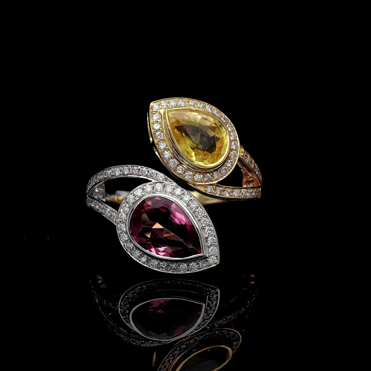 Rare Pear Cut Pink Tourmaline Yellow Sapphire Diamond Ring / Natural Gemstone Jewelry / Pink Yellow Ring / 18k Solid Gold / Gifts For Her