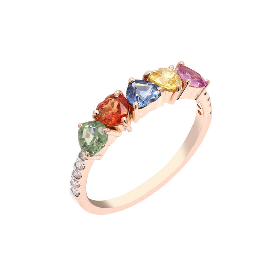 1.40 CTS. Multi Sapphire Heart Cut Gemstone in Solid 14K Gold Natural Pave Diamond Minimalist Ring | Sapphire Diamond Rings Jewelry Gift