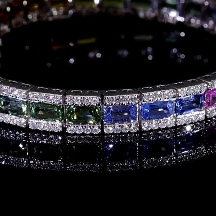 18k Gold Multi Sapphire Tennis Bracelet / Real Diamond Jewelry / Gift For Girlfriend / Solid Gold Bracelet Gift For Her