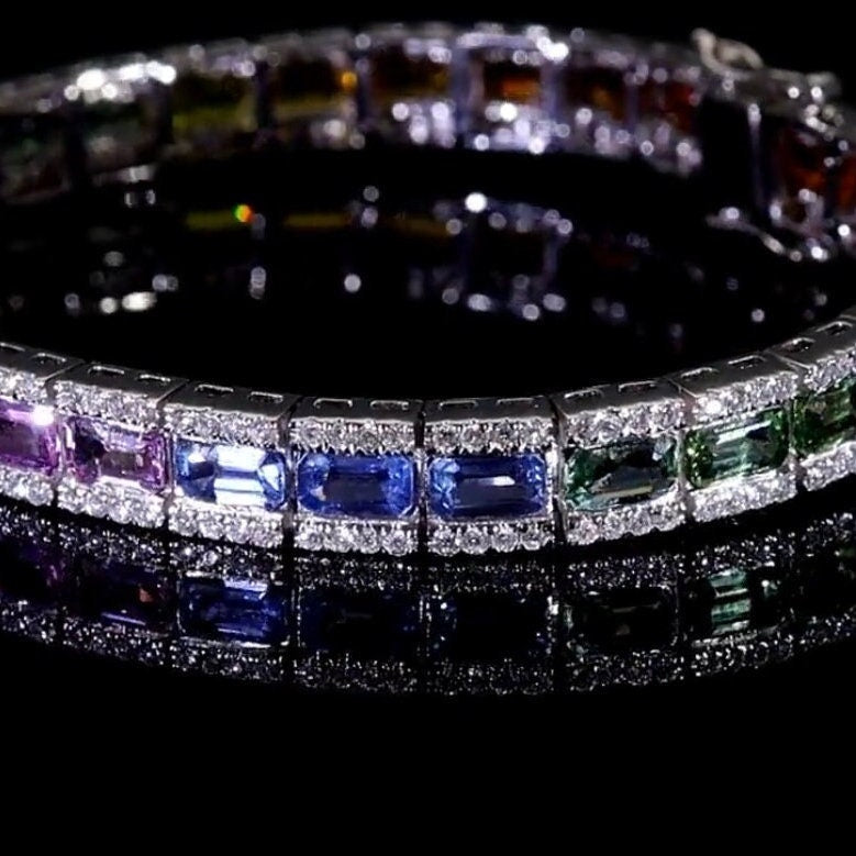 18k Gold Multi Sapphire Tennis Bracelet / Real Diamond Jewelry / Gift For Girlfriend / Solid Gold Bracelet Gift For Her