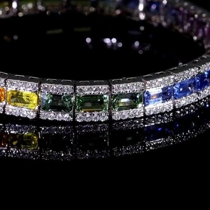 18k Gold Multi Sapphire Tennis Bracelet / Real Diamond Jewelry / Gift For Girlfriend / Solid Gold Bracelet Gift For Her
