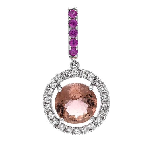 14k White Gold Pendant with 2.15cts Peach Tourmaline, Ruby and Dazzling Diamonds - Elegant Statement Piece - Anniversary Gift