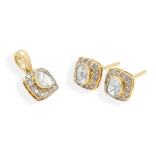 Pave Diamond Pendant with Earring Set | Dainty Polki Diamond Pendant Charms | Pave Diamond Stud Earrings | Solid 14k Yellow Gold Jewelry Set