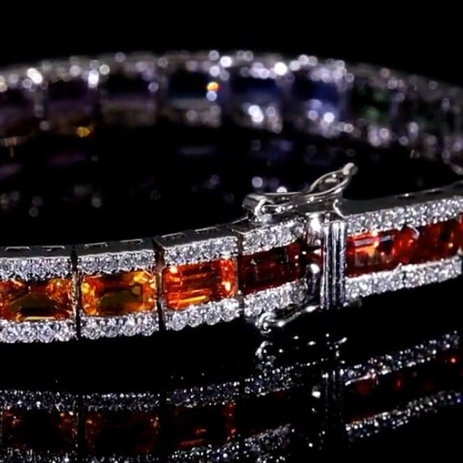 18k Gold Multi Sapphire Tennis Bracelet / Real Diamond Jewelry / Gift For Girlfriend / Solid Gold Bracelet Gift For Her