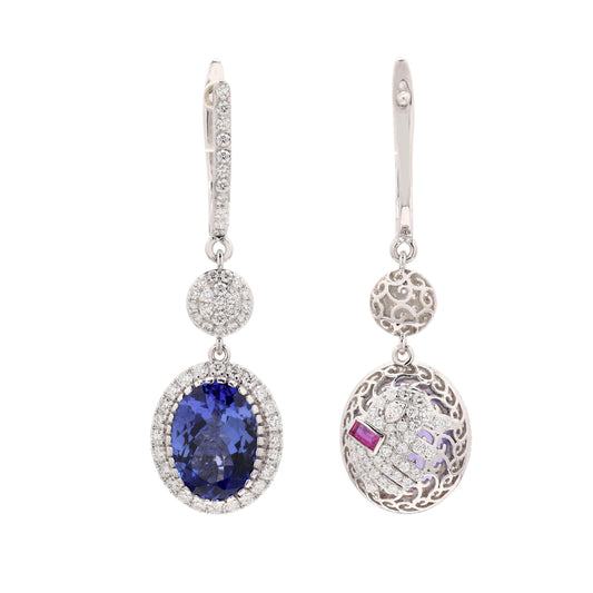 Vintage Blue Tanzanite Hoop Earring | 14K White Gold Dangle Earrings | Natural Diamond Jewelry For Her | Minimalist Earring For Women, Her