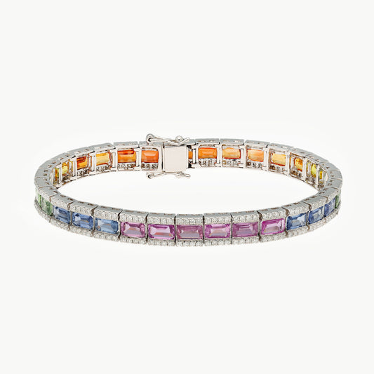 18k Gold Multi Sapphire Tennis Bracelet / Real Diamond Jewelry / Gift For Girlfriend / Solid Gold Bracelet Gift For Her