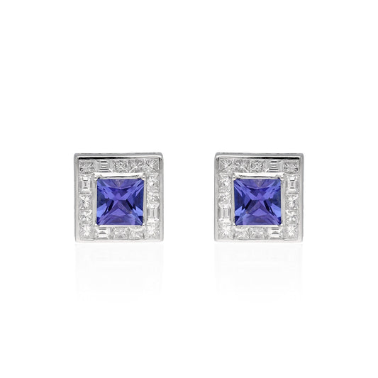 Square Cut Natural Fine Quality 2.27 CTS Tanzanite Diamond Studs Earring in 18k Solid White Gold Jewelry