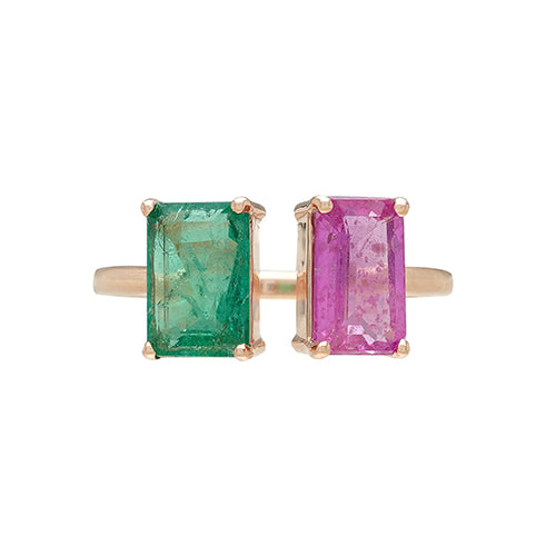 Octa Cut Colour Emerald & Pinksapphire Ring 14K Rose Solid Gold, Handmade SIze US 6.5 IGI Certified Jewelery
