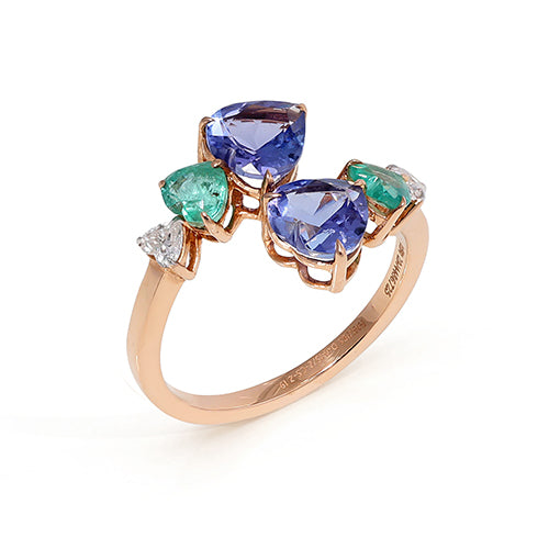 Heart Shape Tanzanite Emerald  & Diamond Colour Stones Ring 18K Yellow Solid Gold, Handmade SIze IGI Certified Jewelery