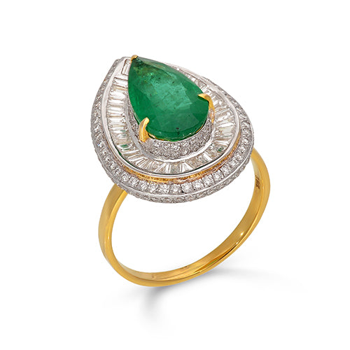 Pear Cut Emerald Diamond Ring 18K Yellow Solid Gold Size US 7 Handmade IGI Certified Jewelery