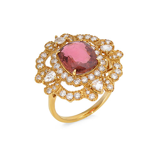 Cushion Cut Rubylite Diamond Ring 18K Yellow Solid Gold Size US 7 Handmade IGI Certified Jewellery