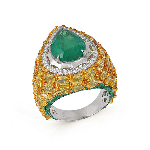 Pear Cut Emerald Diamond Ring 18K White Solid Gold Size US 7 Handmade IGI Certified Jewellery
