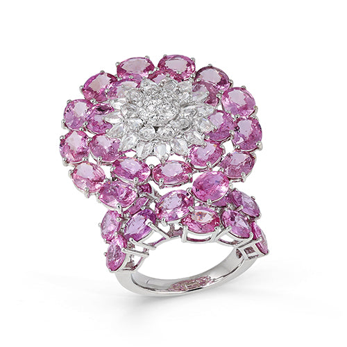 Oval Cut Pinksapphire Diamond Ring 18K White Solid Gold Size IND 13 Handmade IGI Certified Jewellery