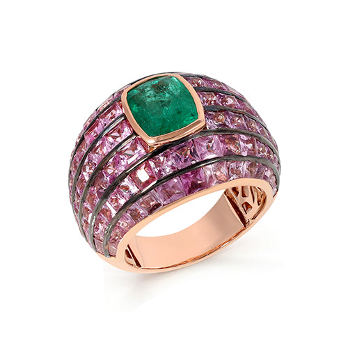 Cushion Cut Emerald & Pinksapphire  Ring 18K Rose Solid Gold Size IND 13 Handmade IGI Certified Jewellery