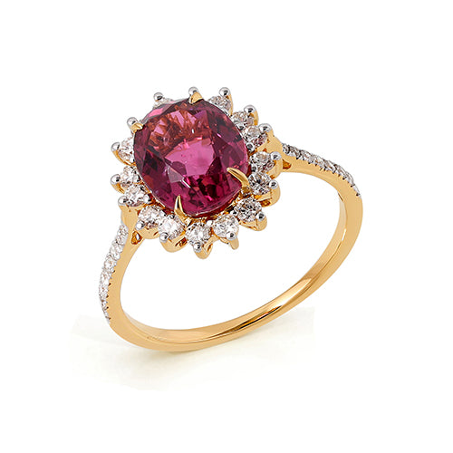 Oval Cut Rubylite Diamond Ring 18K Yellow Solid Gold Size 53 No. Handmade IGI Certified Jewellery