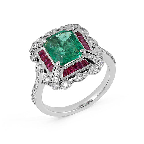 Octa Cut Emerald, Ruby baggetts & Diamond Ring: 18K White Solid Gold, Handmade Size US7 IGI Certified Jewelery