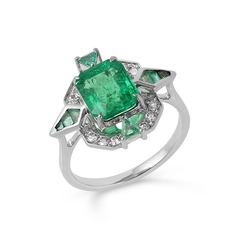Octa Cut Emerald Diamond Ring: 18K White Solid Gold, Handmade Size US 7 IGI Certified Jewelery