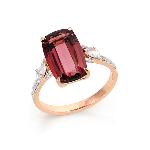 Cushion Cut Tourmaline Diamond Ring 18K Rose Solid Gold Size US 7 Handmade IGI Certified Jewellery