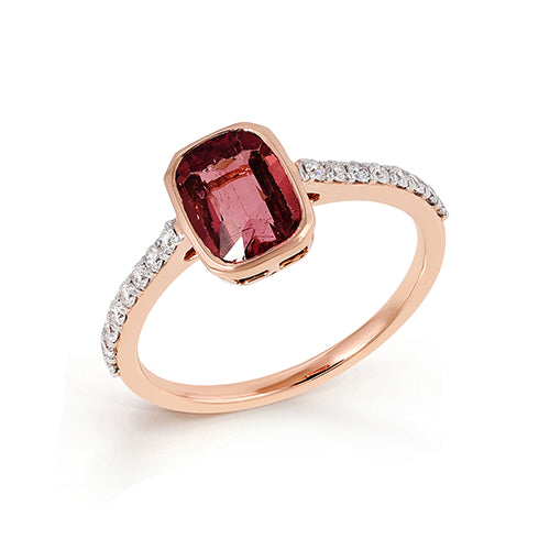 Octa Cut Tourmaline Diamond Ring 14K Rose Solid Gold Size US 6.5 Handmade IGI Certified Jewellery
