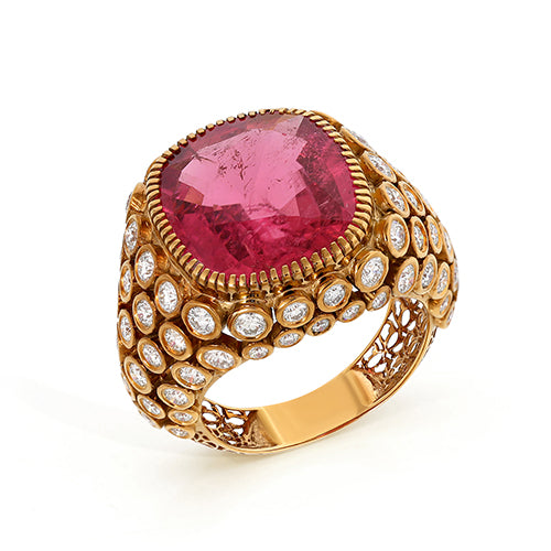 Cushion Cut Tourmaline Diamond Ring 18K Yellow Solid Gold Size US 7 Handmade IGI Certified Jewellery