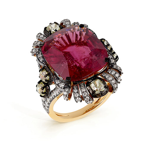 Cushion Cut Tourmaline Diamond Ring 14K Yellow Solid Gold Size US 7 Handmade IGI Certified Jewellery