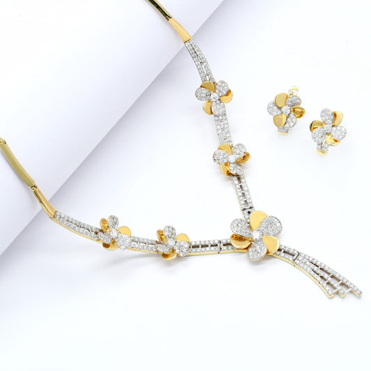 Real White Diamond Big Necklace Set & Stud Earring in 14kY Gold Jewellery Set for Wedding
